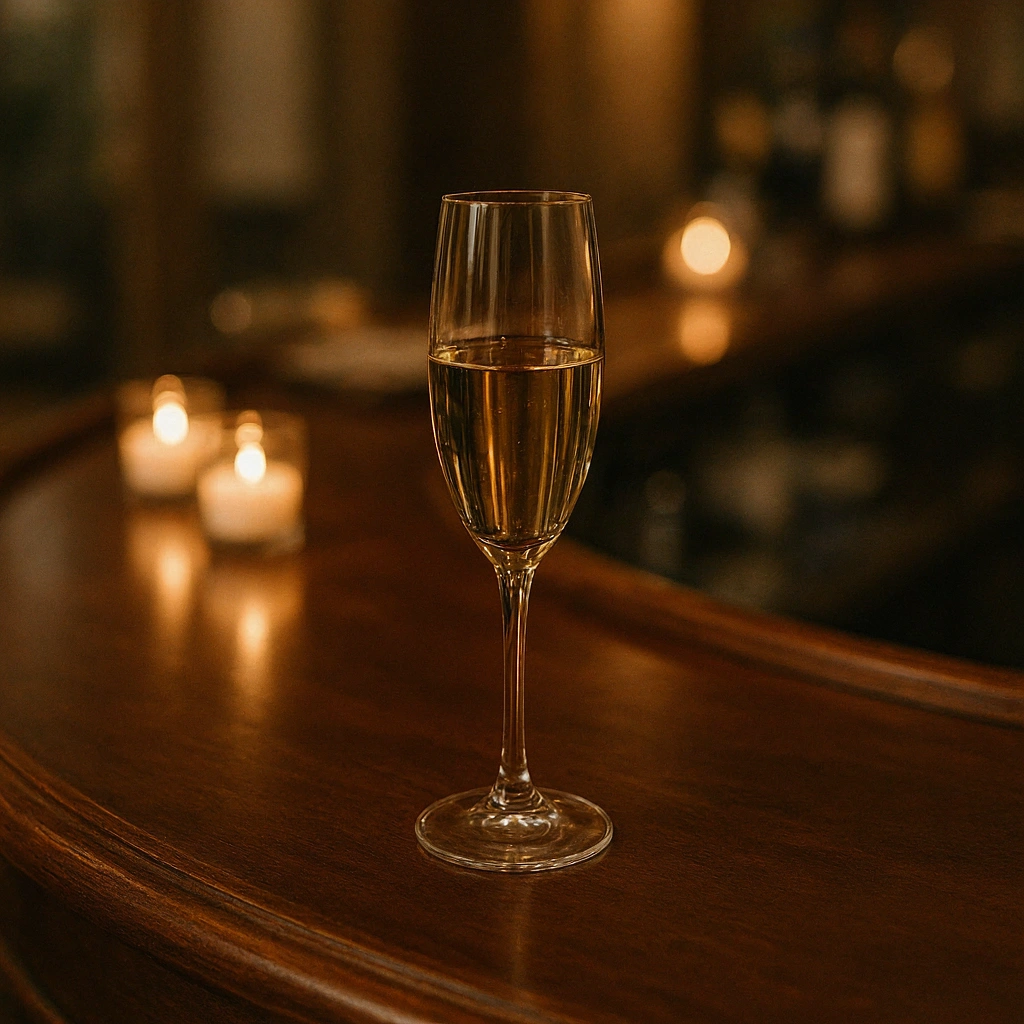 Coupe de champagne dorée posée sur le comptoir du bar, lumière du soir