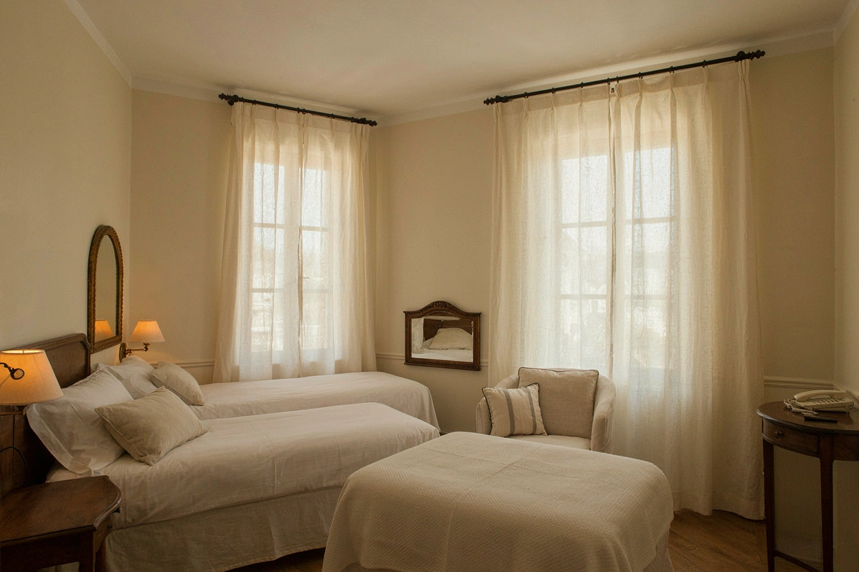Chambre familiale avec lits simples habillés de blanc et fenêtre lumineuse