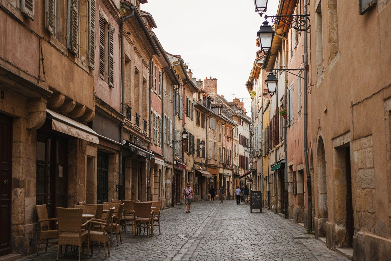 Rue piétonne pavée du centre historique, terrasse de café en fin d'après-midi