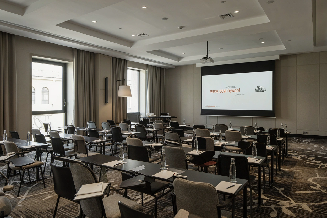 Salle de séminaire lumineuse aménagée en théâtre avec écran de projection